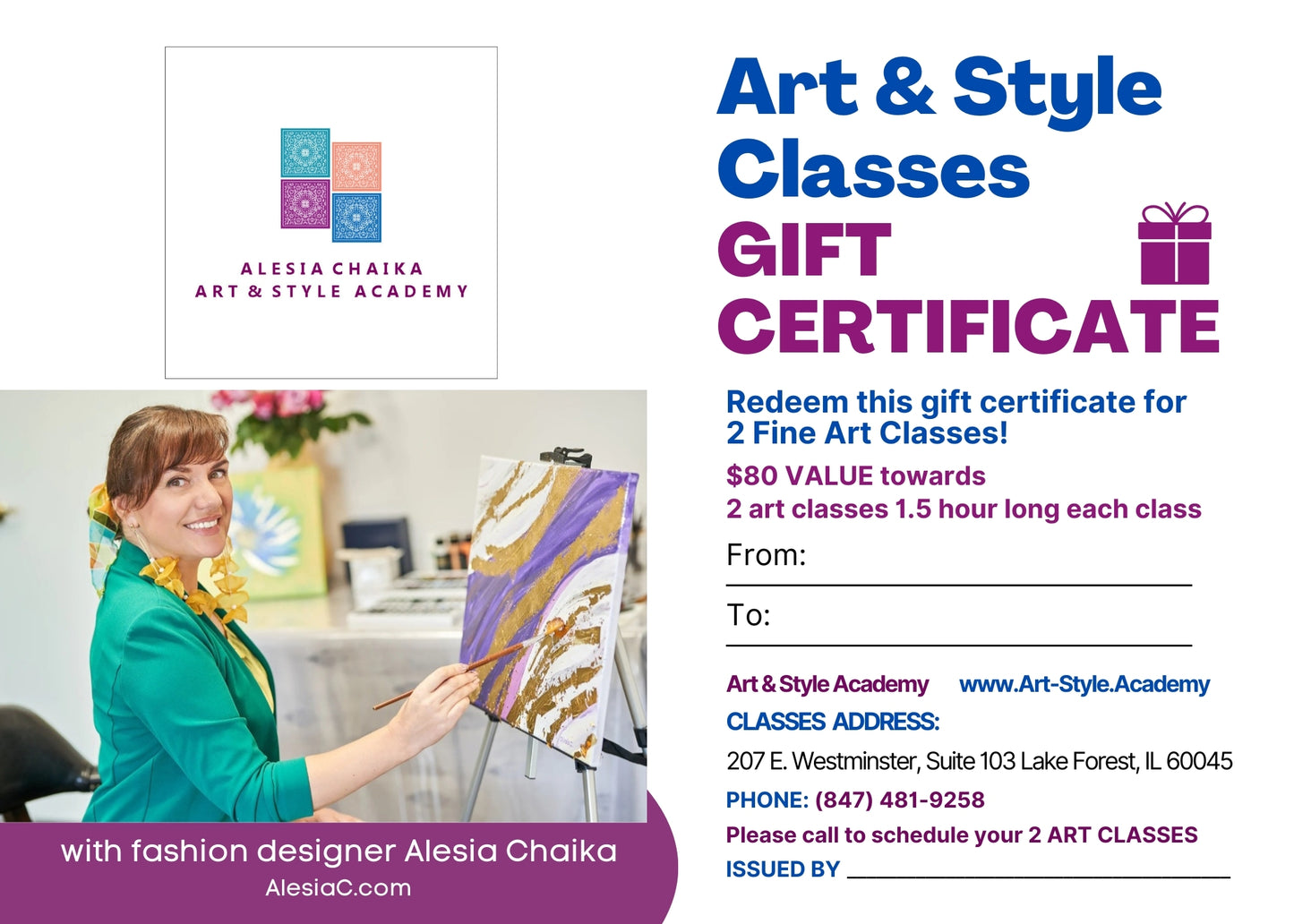 GIFT CERTIFICATE For Any 2 Fine Art, Ceramics, or Fashion Illustration Class 1.5 h long