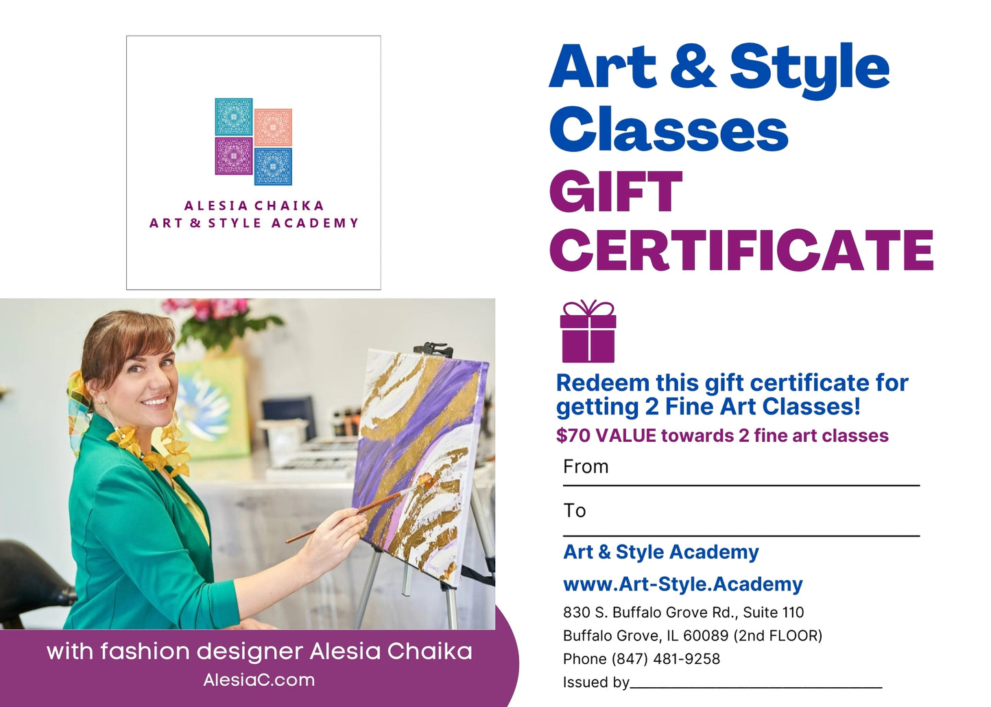 GIFT CERTIFICATE  at Art and Style Academy with Alesia Chaika in Buffalo Grove, IL