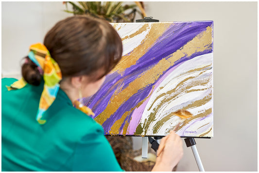 Abstract Modern Painting On Canvas Applying Gold Foil With Artist Alesia Chaika. Art-A-Porte Party. Art Classes for adults in Buffalo Grove, Illinois, Northbrook, Highland Park, Glencoe, Deerfield, Wheeling, Palatine, Arlington Heights, Vernon Hills, Des Planes, Mount Prospect