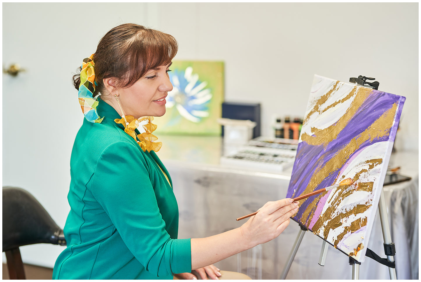 Art-A-Porte Party Sunday at 1 pm. Minimalist Abstract Modern Painting On Canvas Applying Gold Foil With Artist Alesia Chaika